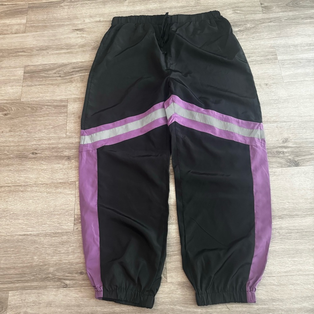 Black, purple and silver parachute pants